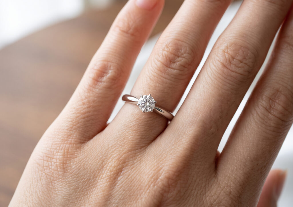 プラチナのリングに、0.2〜0.3カラットの美しいダイヤモンドがセットされた、上品な婚約指輪のアップ。自然光のもとで。