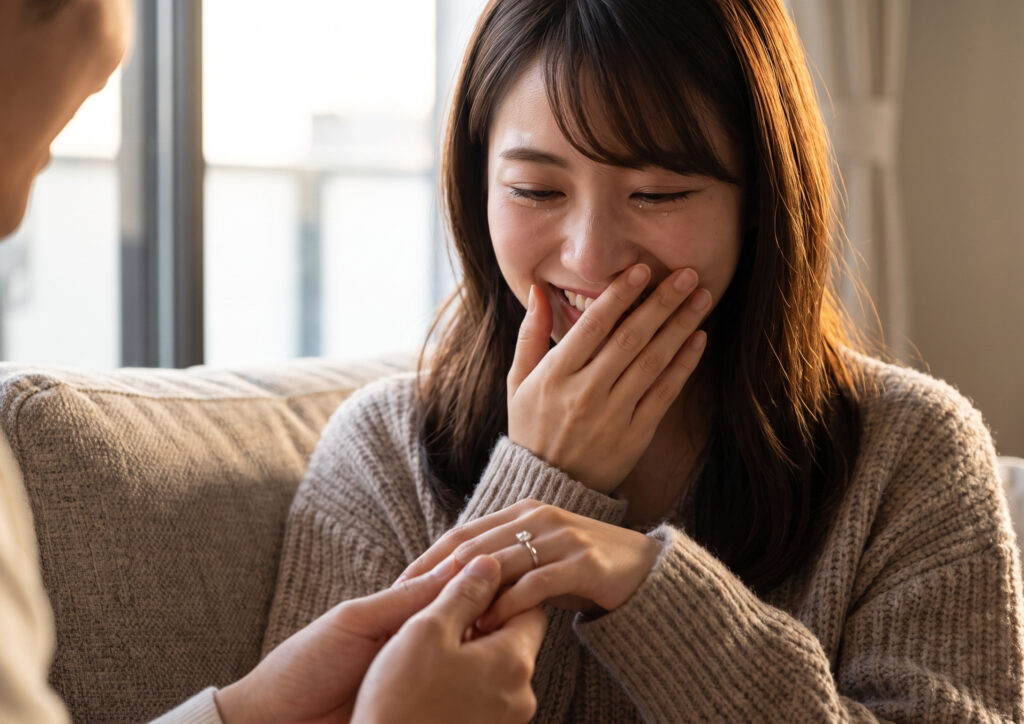 婚約指輪を受け取り、驚きと喜びで満面の笑みを浮かべる日本人の女性。指輪はシンプルだが、彼女にとても似合っている。自宅にて