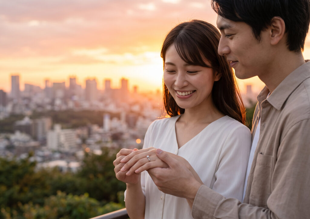 夕暮れの街を見下ろす丘の上で、明るい雰囲気の中で婚約指輪がついた手を重ね合わせる日本人のカップル