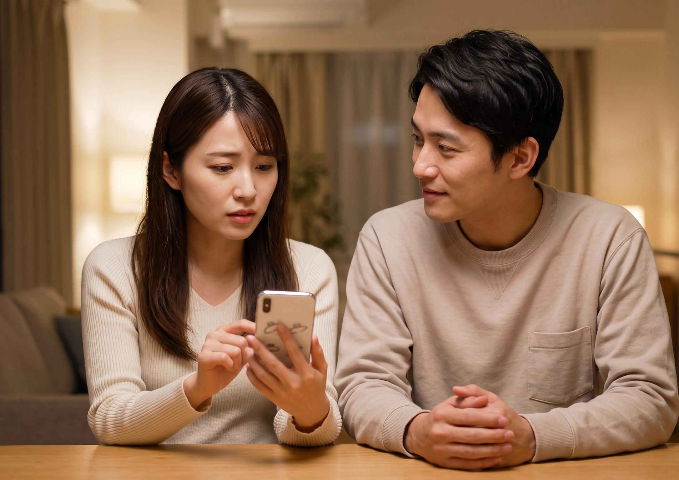 スマホで婚約指輪について検索しながら、少し不安げな表情を浮かべる、日本人のカップル。東京の夜の自宅にて