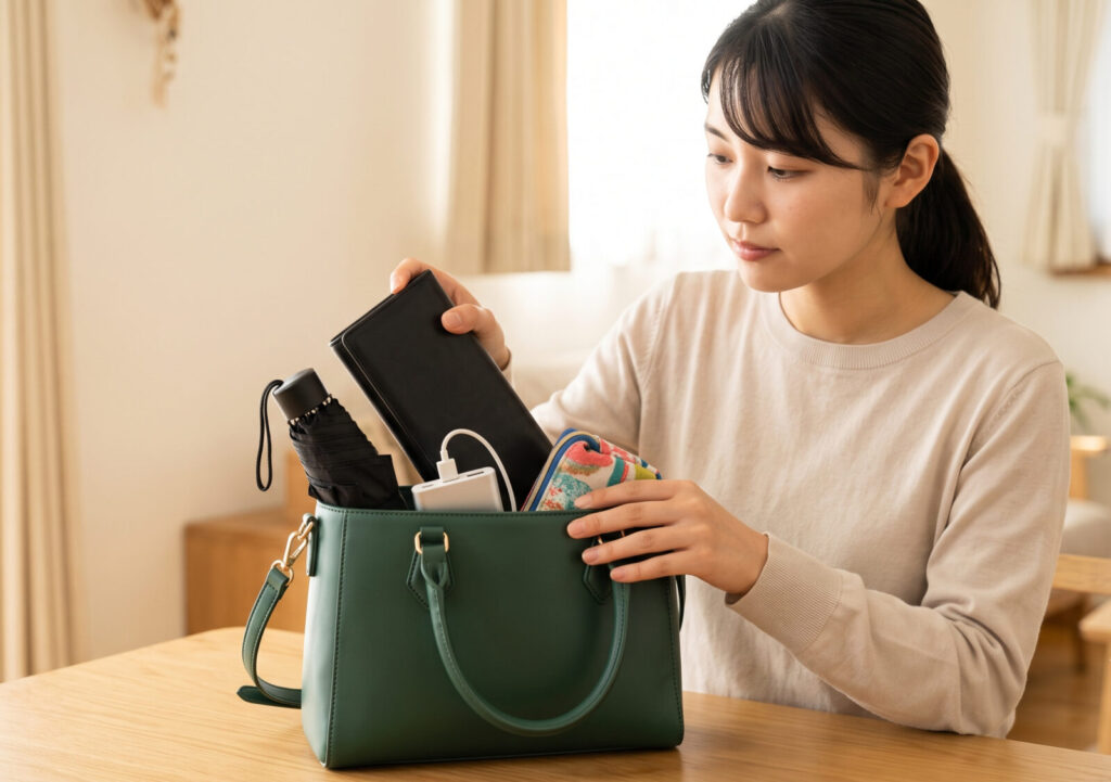 バッグに長財布や折りたたみ傘が入るか確認する女性
