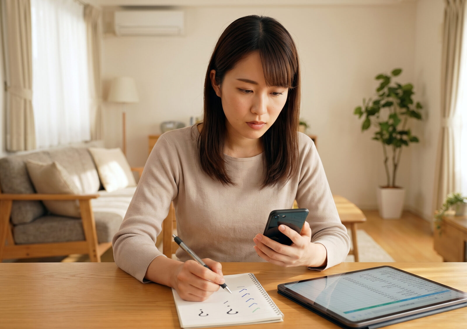 ブランドバッグレンタルの料金をスマホとタブレットで比較する女性
