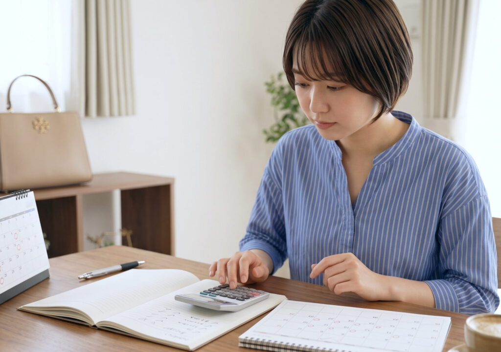 電卓とカレンダーで料金を計算する女性