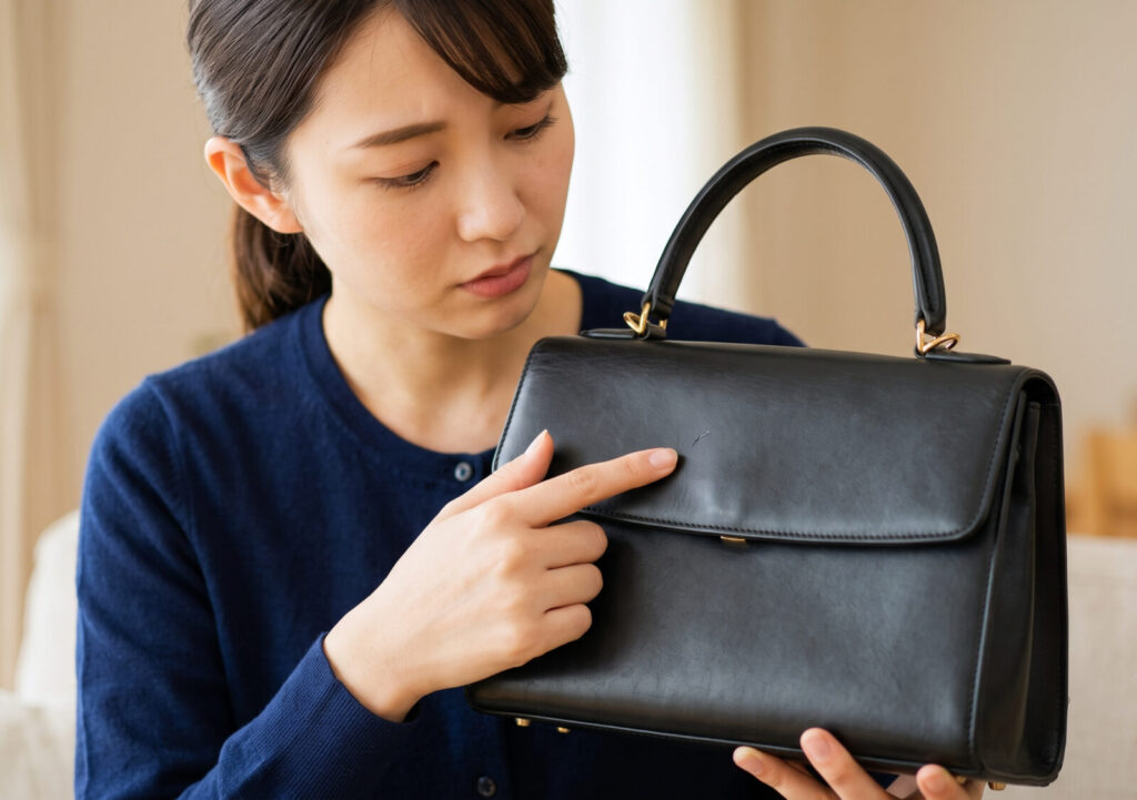 レンタルしたバッグの表面の傷を確認する女性
