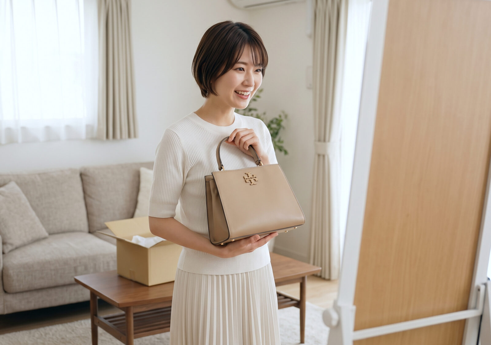 バッグが届き鏡の前で合わせる女性