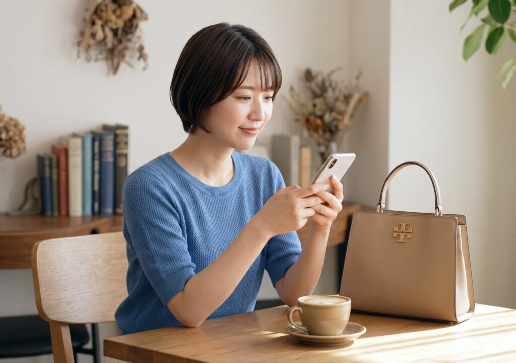 カフェでトートバッグとスマホを見る女性