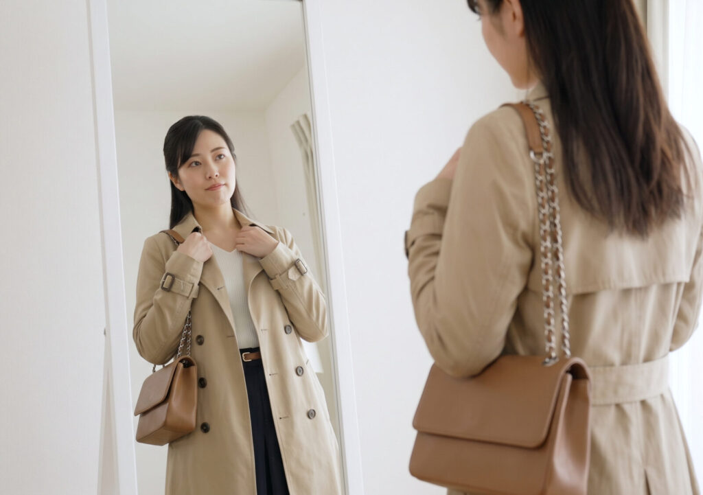 鏡の前でバッグとコーディネートを合わせる女性