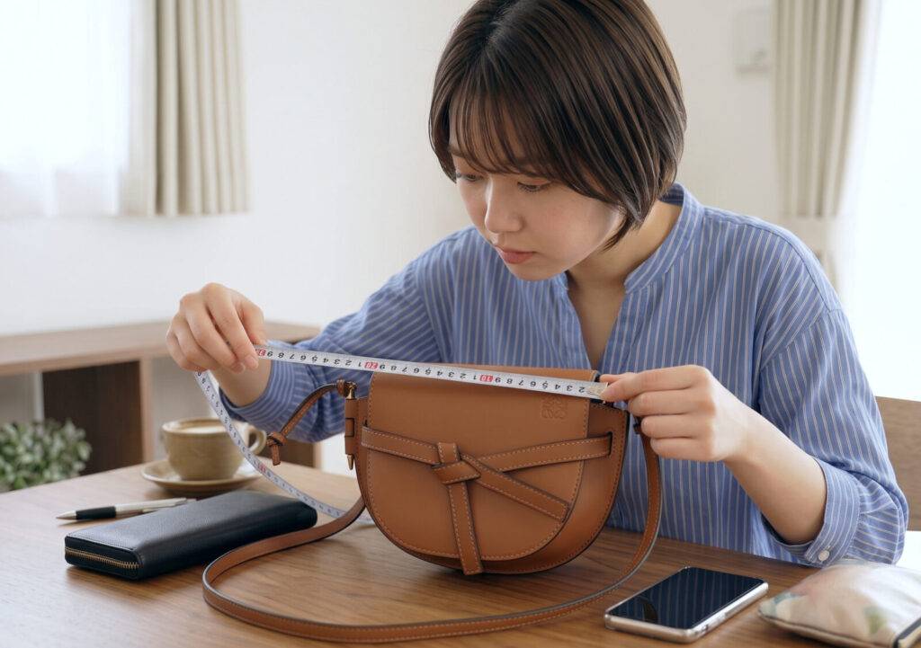 メジャーでバッグのサイズを測る女性