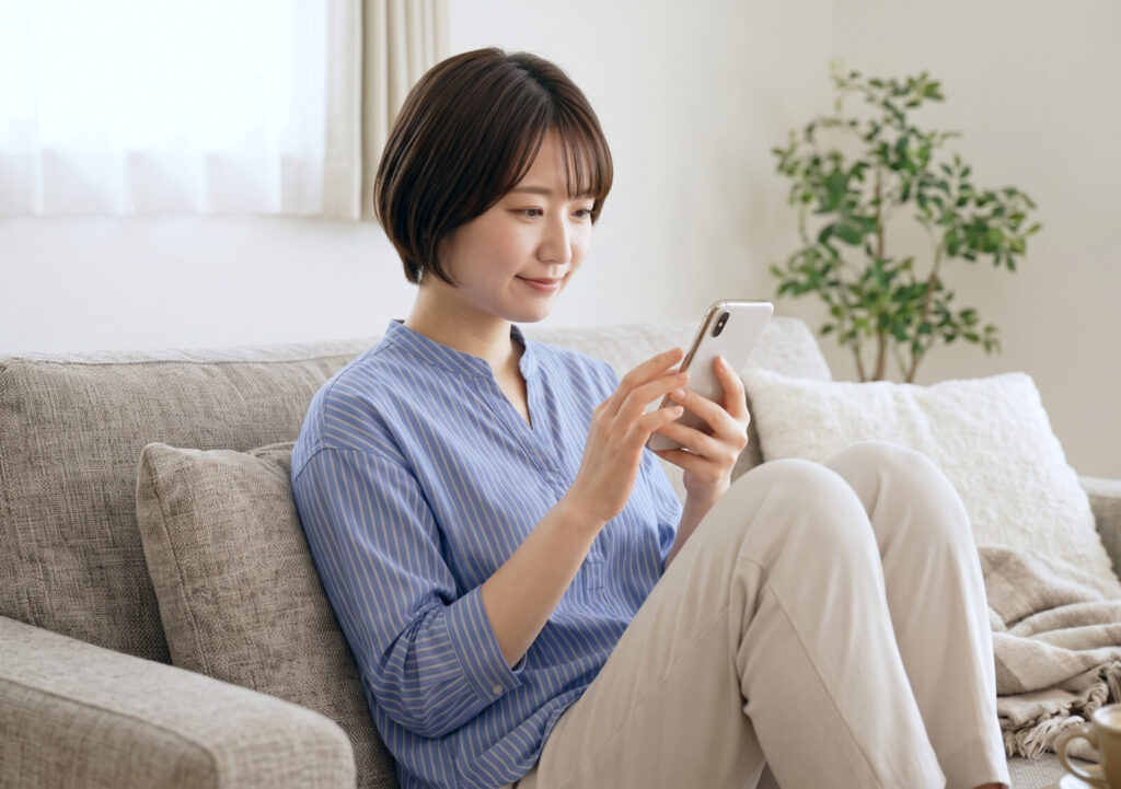ソファでスマホから在庫検索する女性