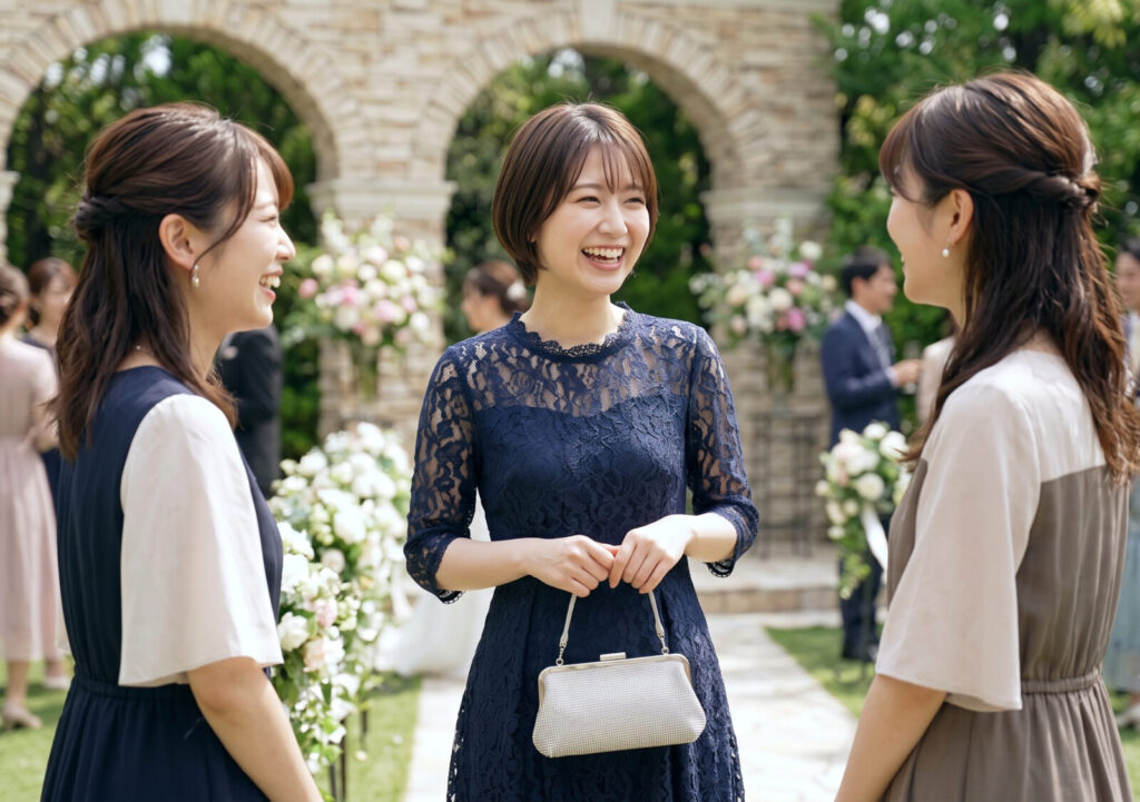 結婚式場の庭園でパーティーバッグを持つ女性