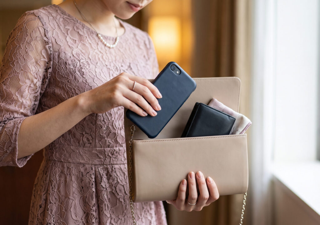結婚式でパーティーバッグに財布とスマートフォンを入れて容量を確かめる様子